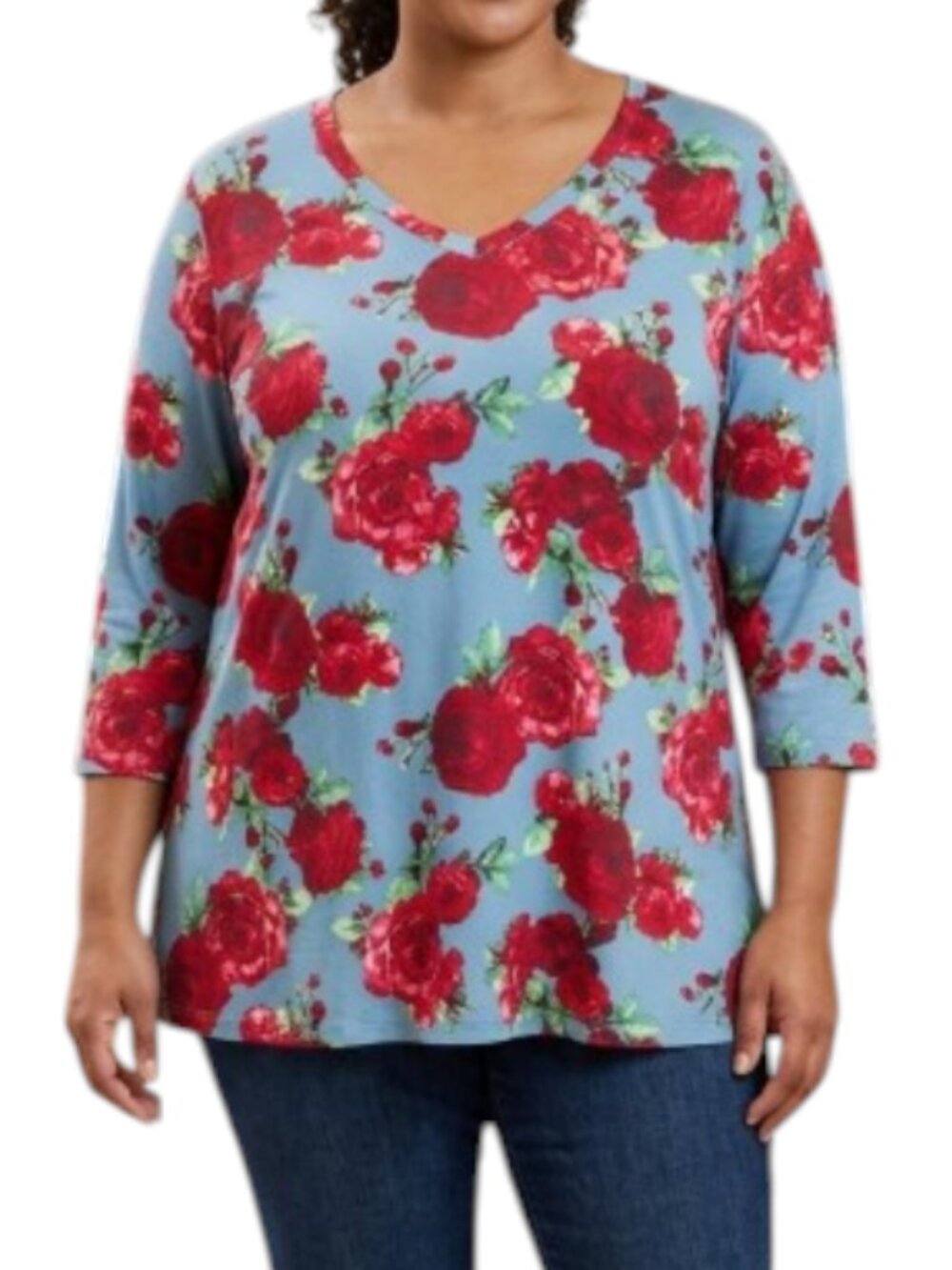 Pioneer Woman Blue Rose Floral Top Cottagecore Farmhouse Chic Stretch 3/4 Sleeve
